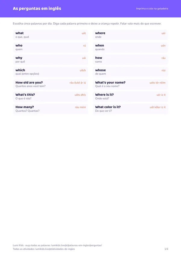 As perguntas em inglês: primeira página do PDF