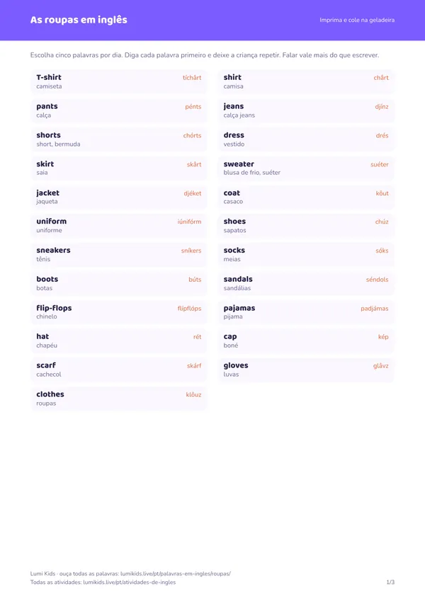 As roupas em inglês: primeira página do PDF