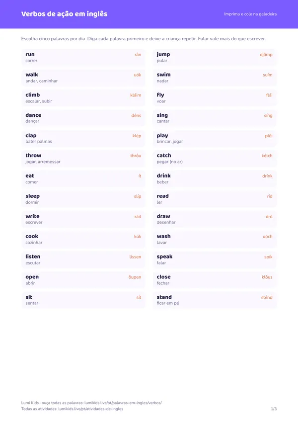 Verbos de ação em inglês: primeira página do PDF