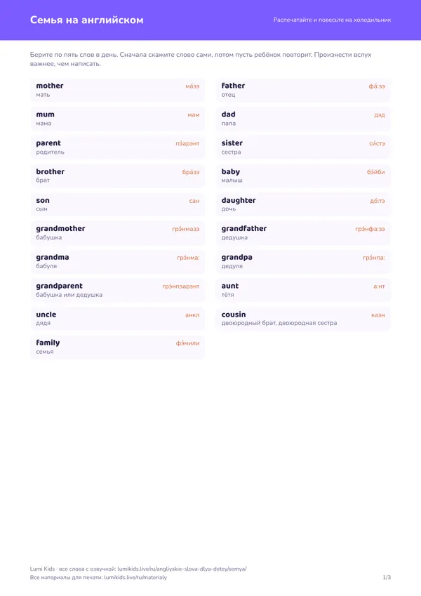 Семья на английском: первая страница PDF