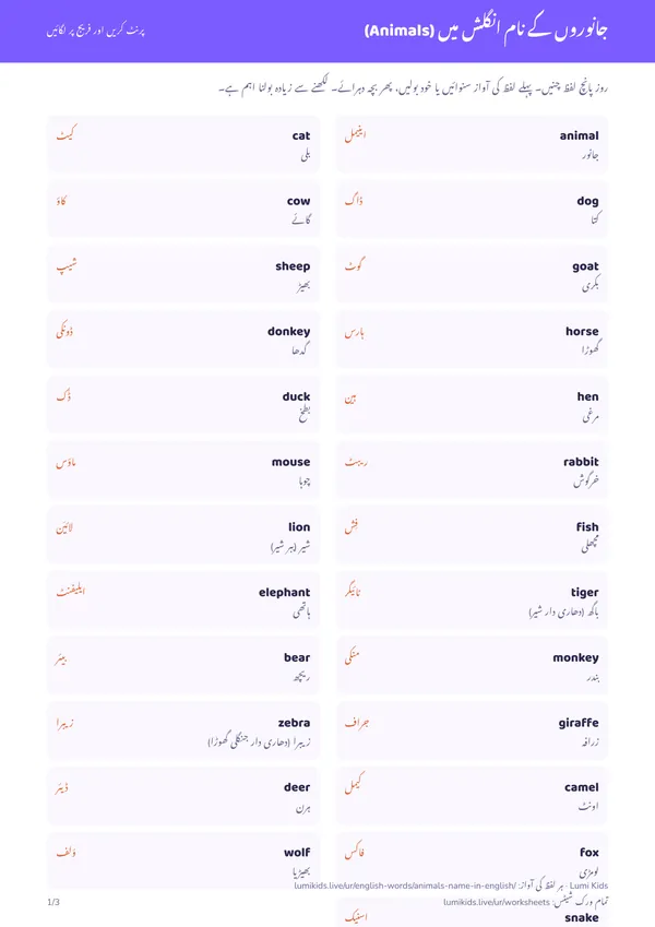 جانوروں کے نام انگلش میں (Animals): PDF کا پہلا صفحہ