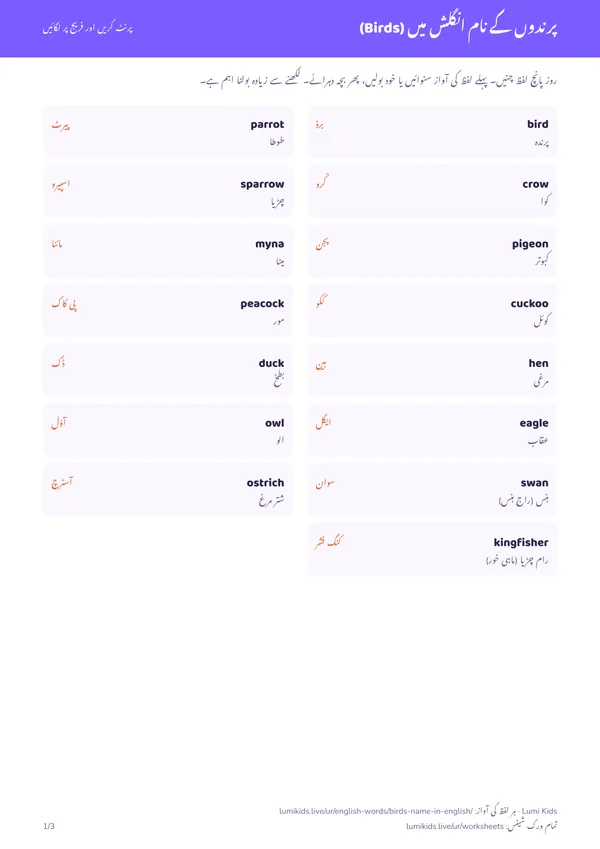 پرندوں کے نام انگلش میں (Birds): PDF کا پہلا صفحہ