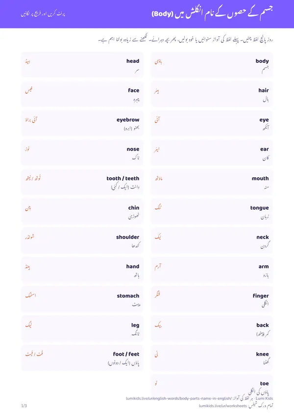 جسم کے حصوں کے نام انگلش میں (Body): PDF کا پہلا صفحہ