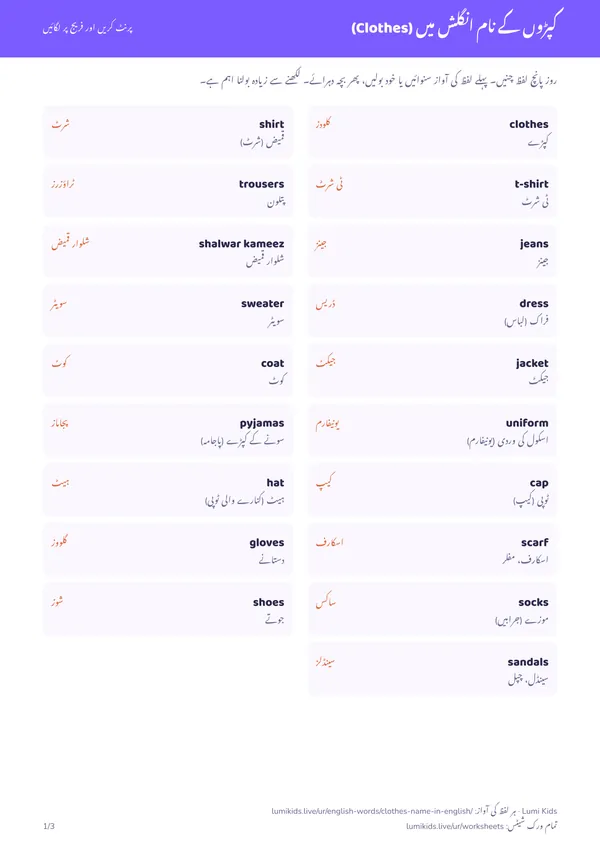 کپڑوں کے نام انگلش میں (Clothes): PDF کا پہلا صفحہ