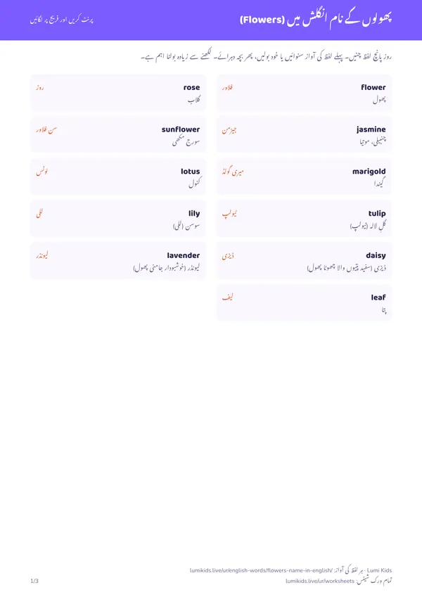 پھولوں کے نام انگلش میں (Flowers): PDF کا پہلا صفحہ