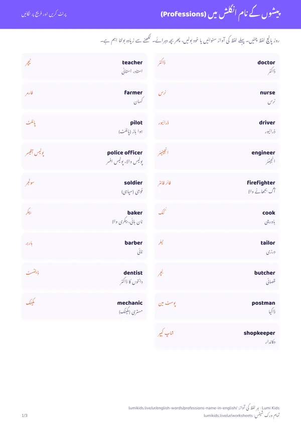 پیشوں کے نام انگلش میں (Professions): PDF کا پہلا صفحہ
