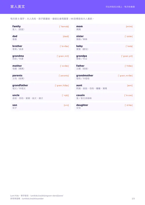家人英文學習單 PDF 第一頁預覽