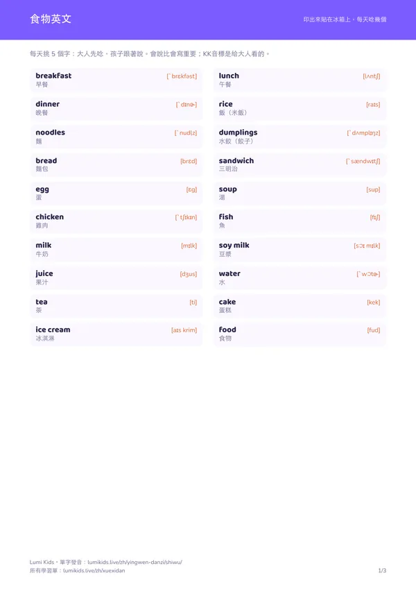 食物英文學習單 PDF 第一頁預覽