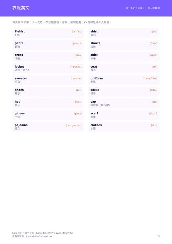 衣服英文學習單 PDF 第一頁預覽