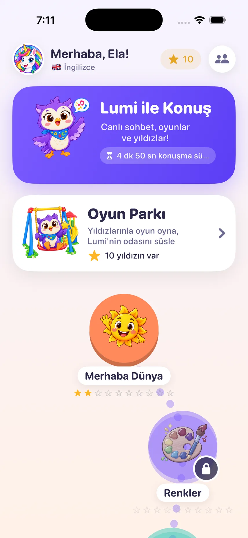Lumi Kids ana ekranı: Lumi ile Konuş kartı, Oyun Parkı ve dünya haritası
