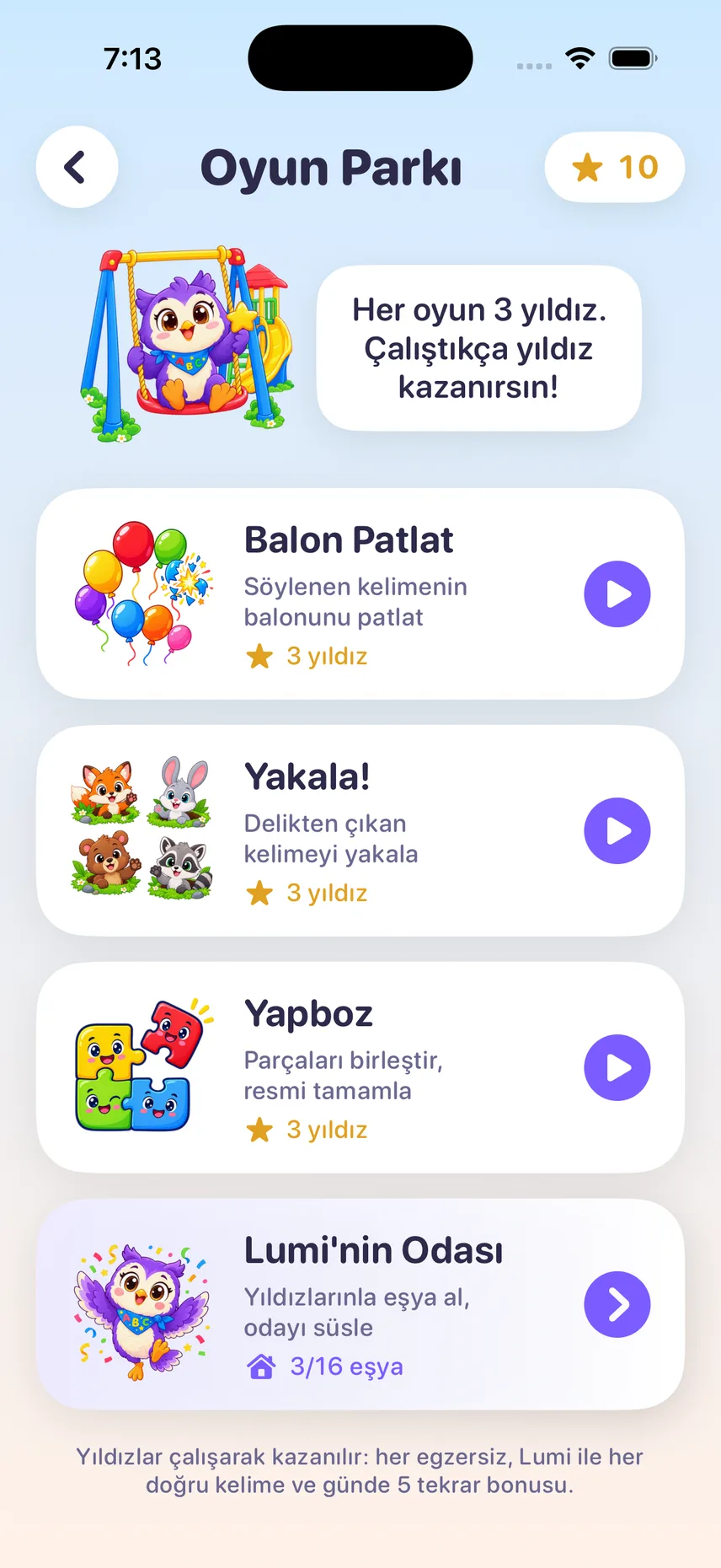 Oyun Parkı ekranı: Balon Patlat, Yakala!, Yapboz ve Lumi’nin Odası