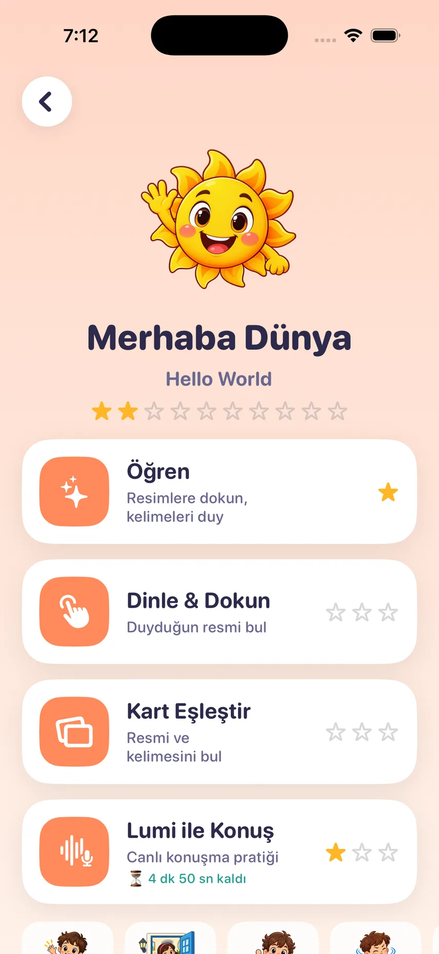 Merhaba Dünya ekranı: dört egzersiz listesi
